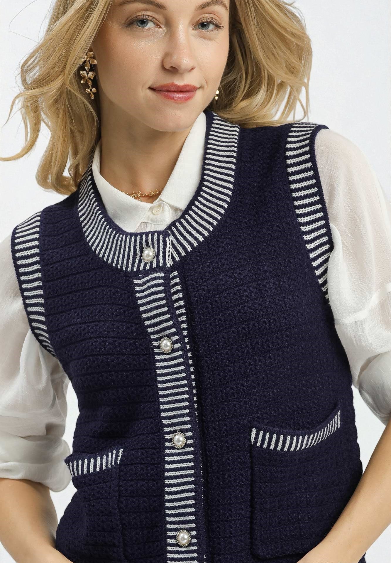 Navy & Cream Striped Knit Vest