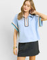Powder Blue Zip Collar Trim Top