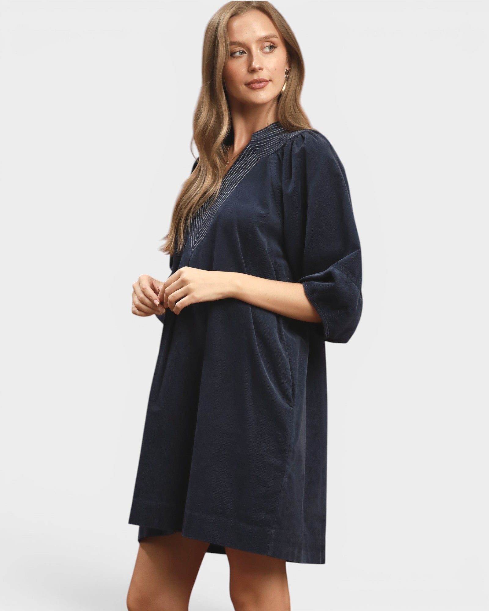 Navy Corduroy Pocket Mini Dress