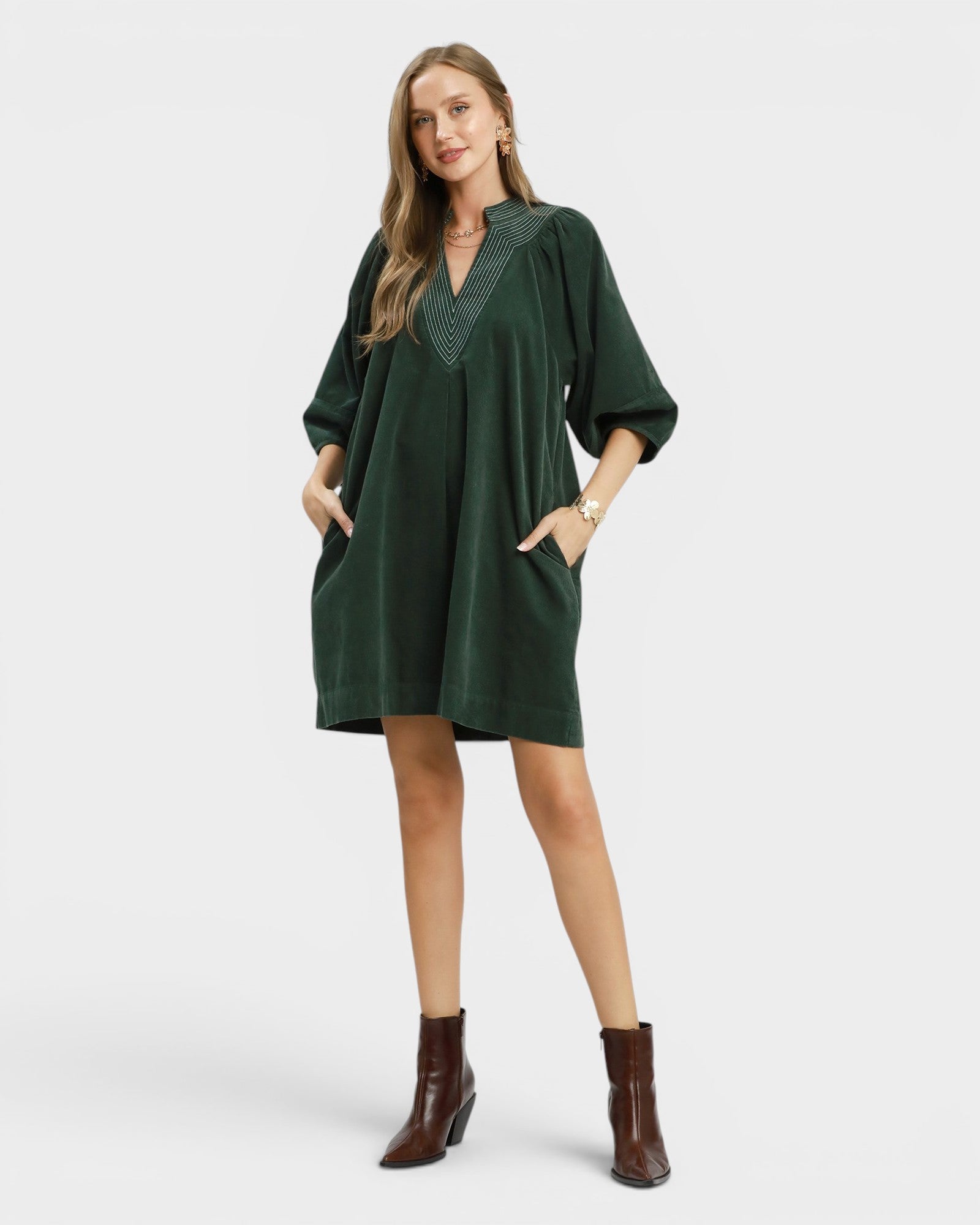 Hunter Green Corduroy Pocket Mini Dress