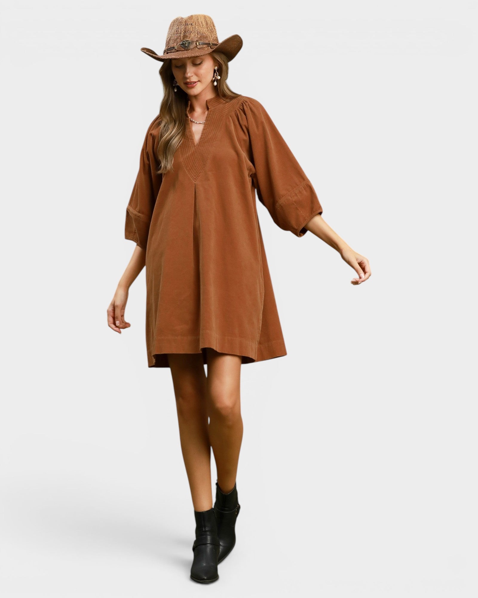 Camel Corduroy Pocket Mini Dress
