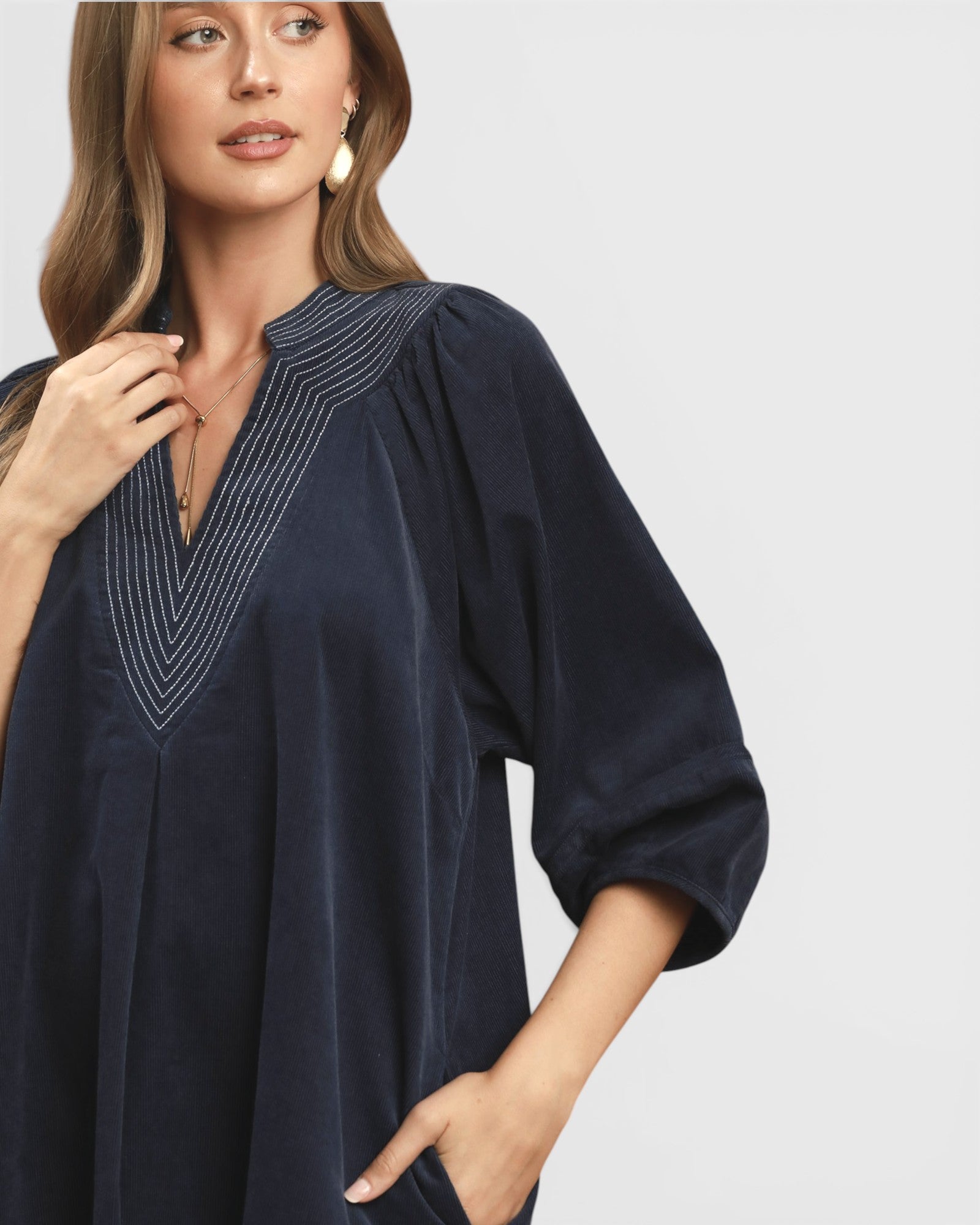 Navy Corduroy Pocket Mini Dress