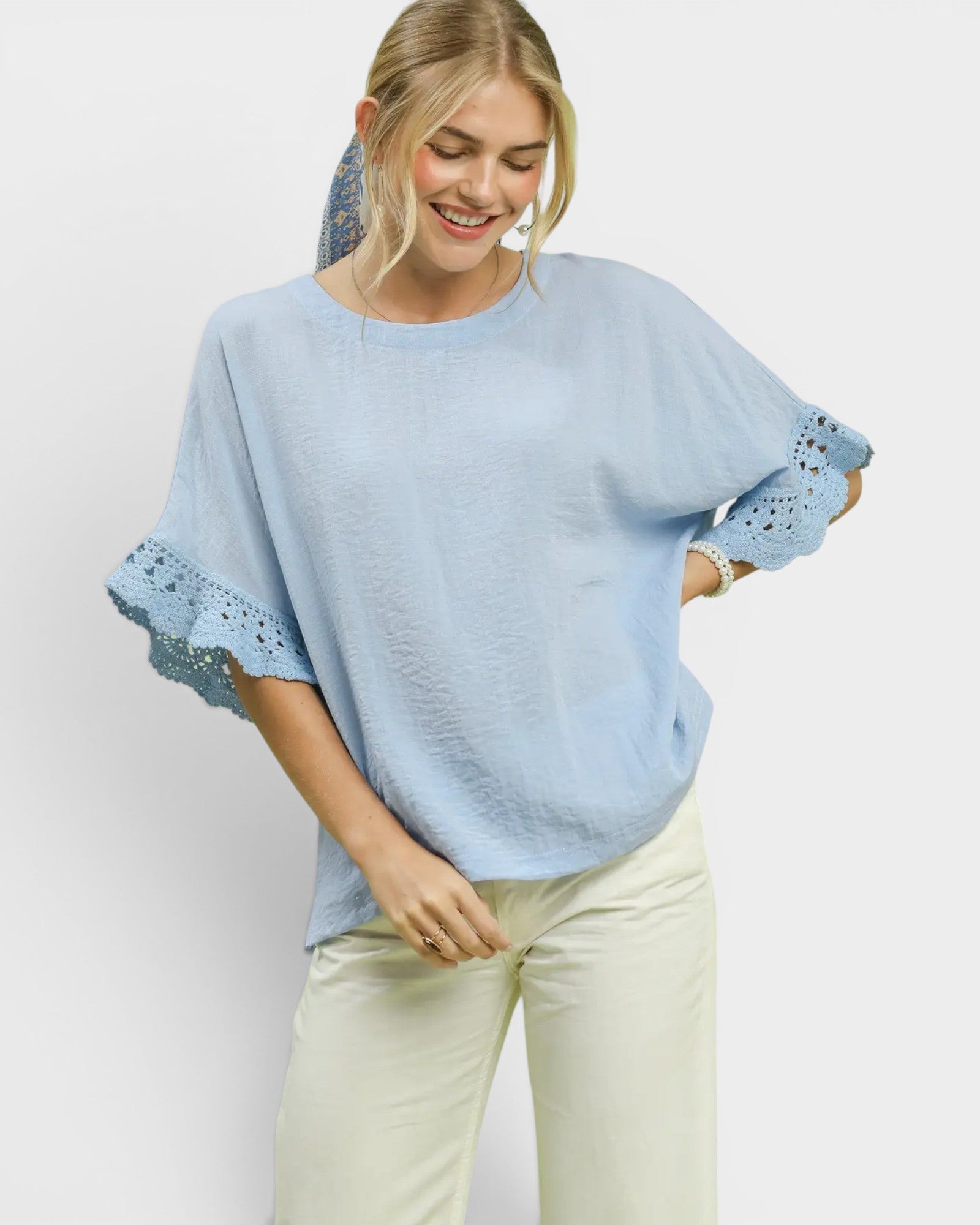 Sky Blue Crochet Trim Blouse
