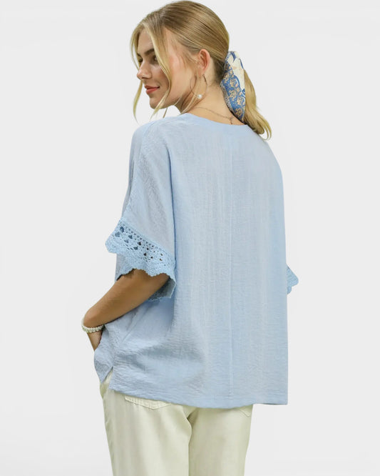 Sky Blue Crochet Trim Blouse