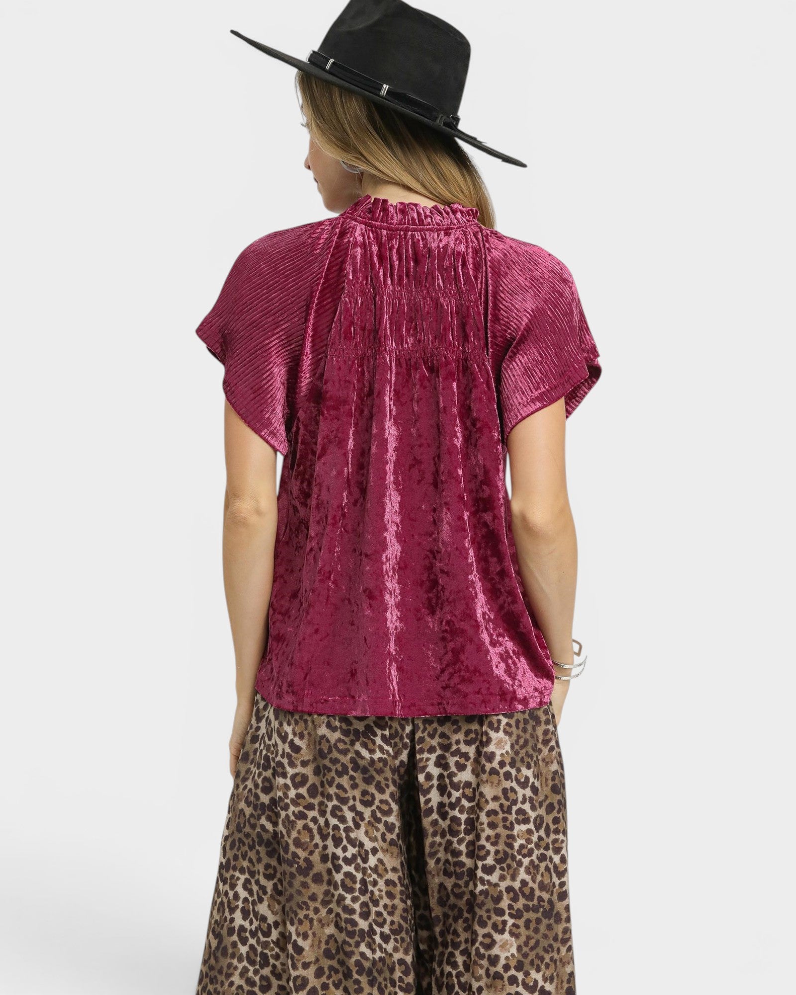 Magenta Velvet Short Sleeve Top