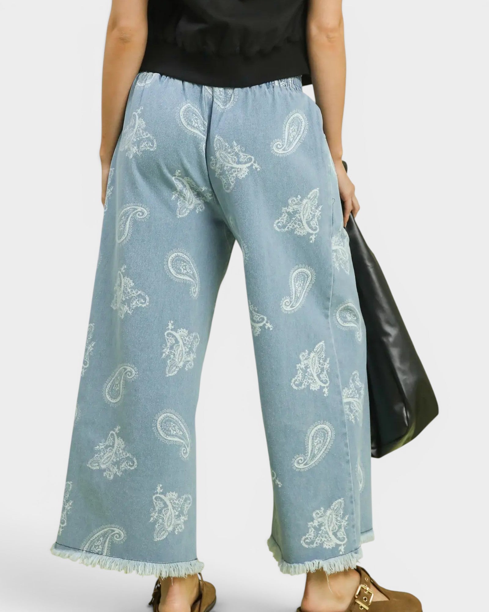 Light Wash Paisley Denim Wide Leg Pants