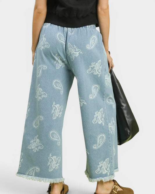 Light Wash Paisley Denim Wide Leg Pants