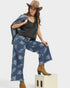 Dark Wash Paisley Denim Wide Leg Pants