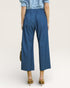 Person wearing blue wide-leg pants on a plain background