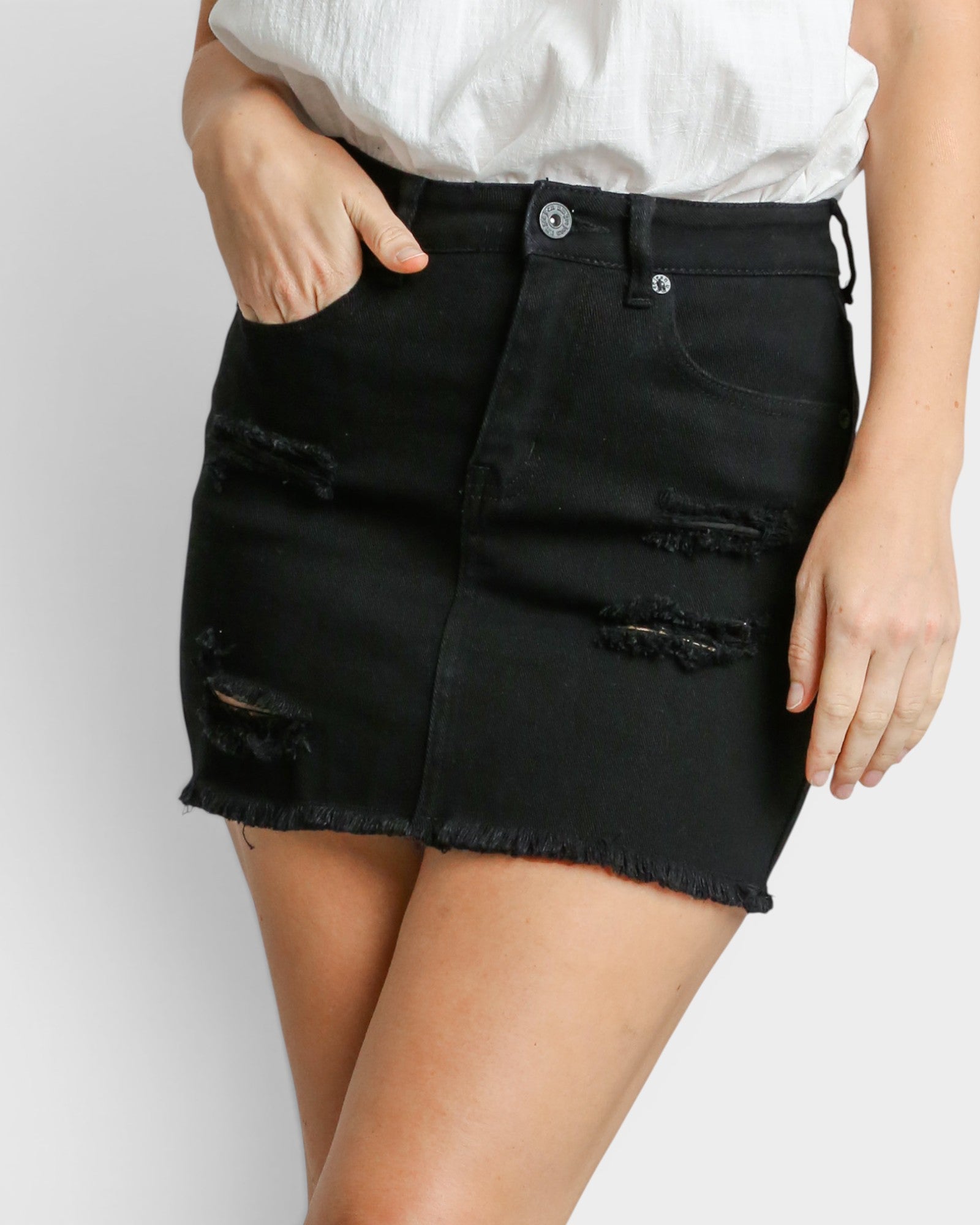 Black Distressed Denim Mini Skirt