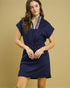 Navy Embroidered Zip-Neck Mini Dress