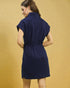 Navy Embroidered Zip-Neck Mini Dress