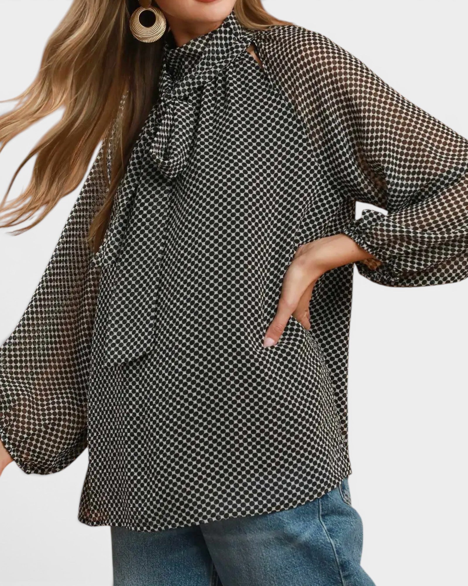 Black Dot Print Tie Neck Blouse