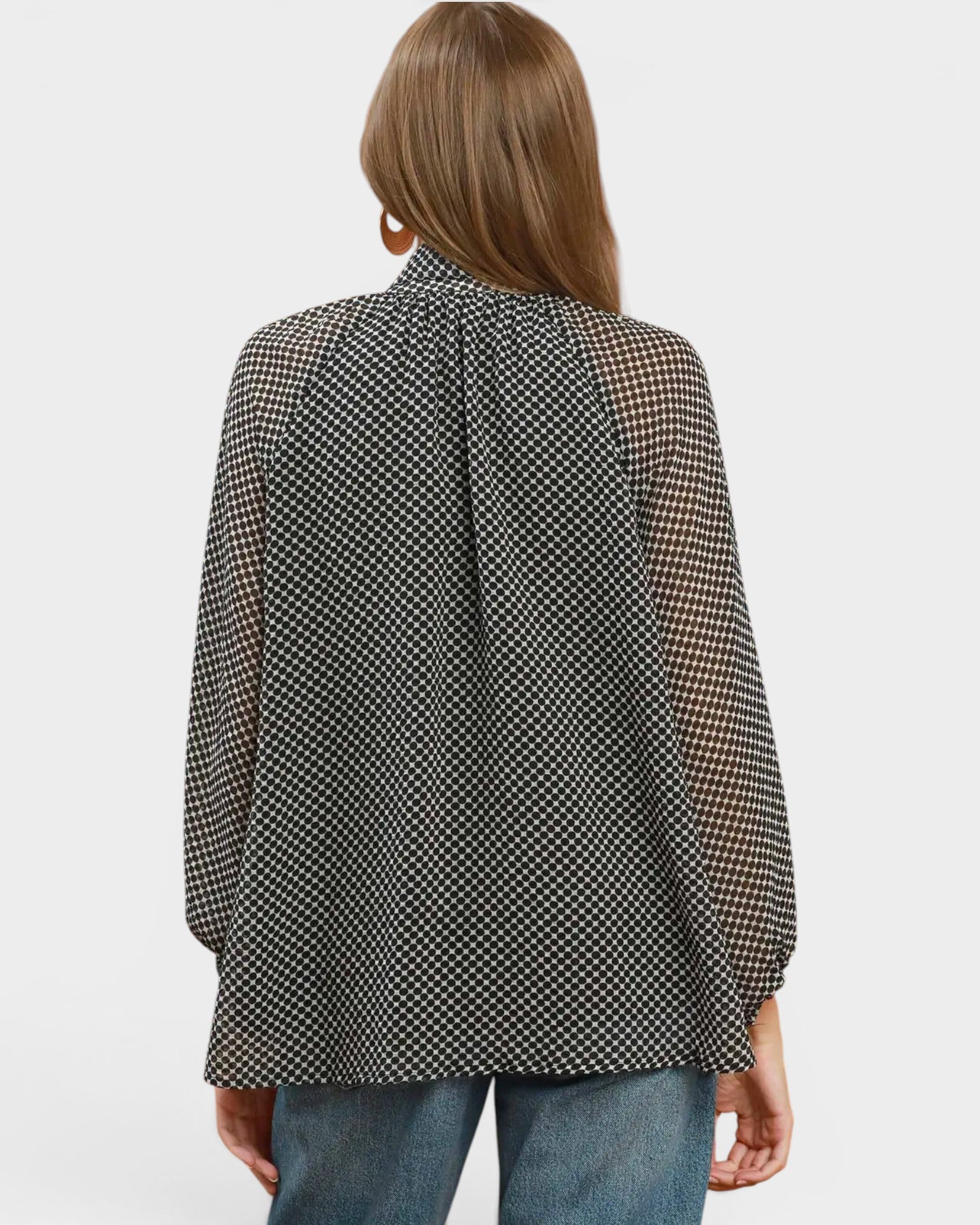 Black Dot Print Tie Neck Blouse