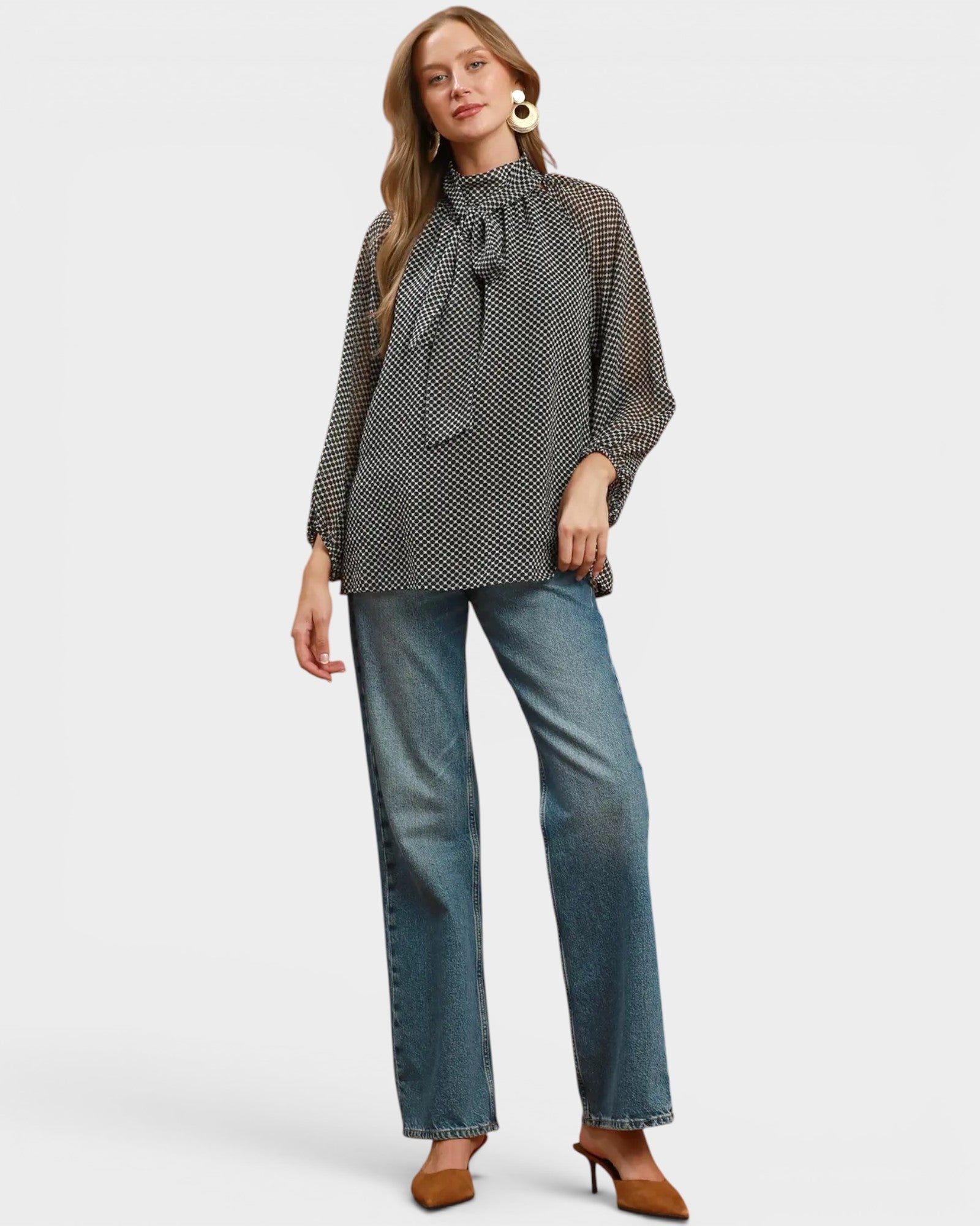 Black Dot Print Tie Neck Blouse