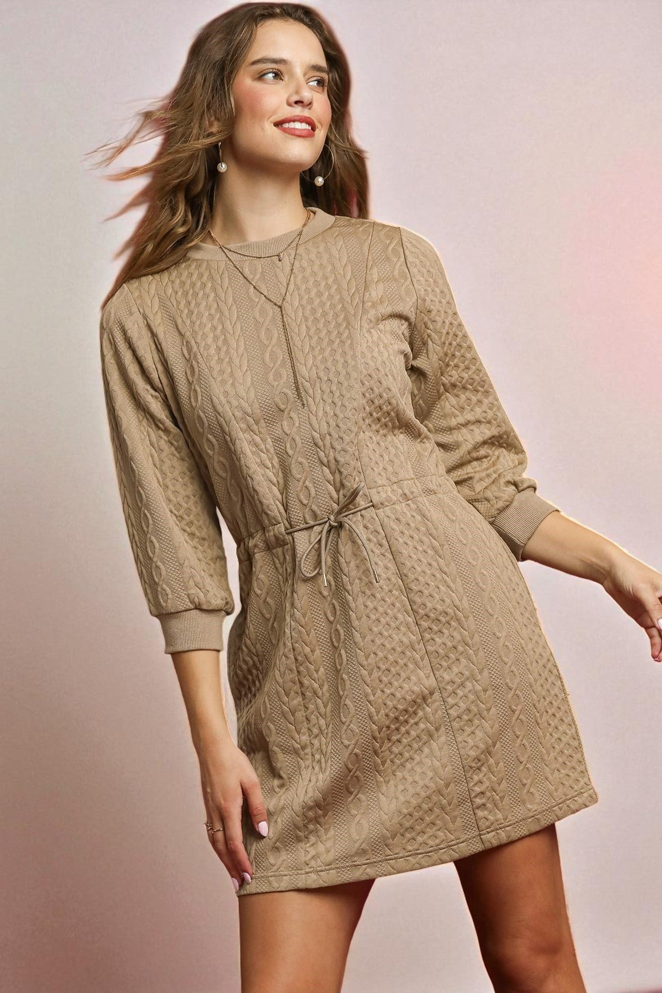 Taupe Textured Drawstring Mini Dress