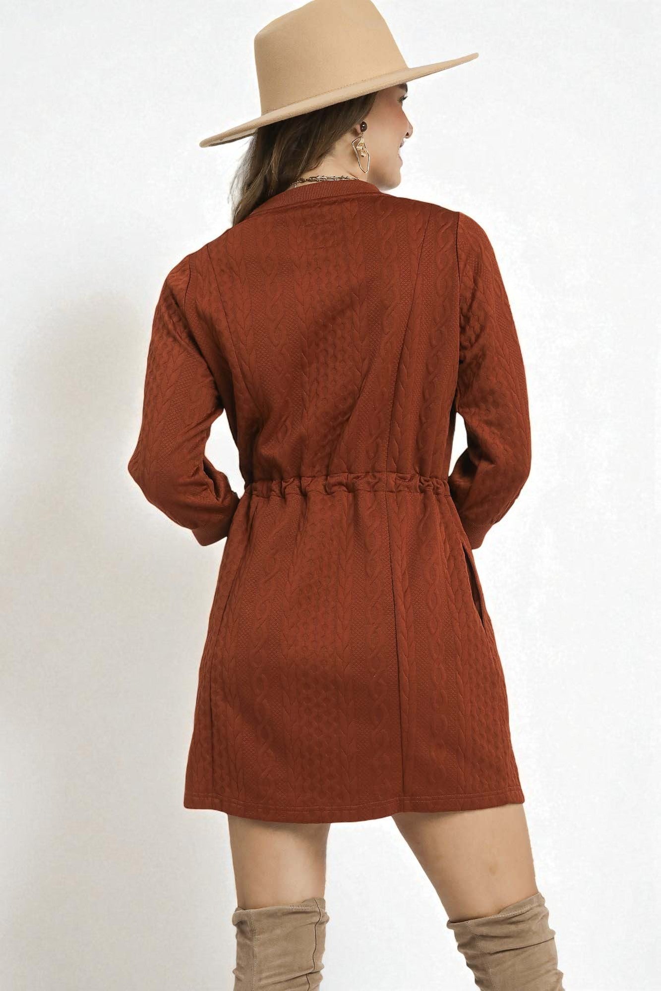 Cinnamon Textured Drawstring Mini Dress