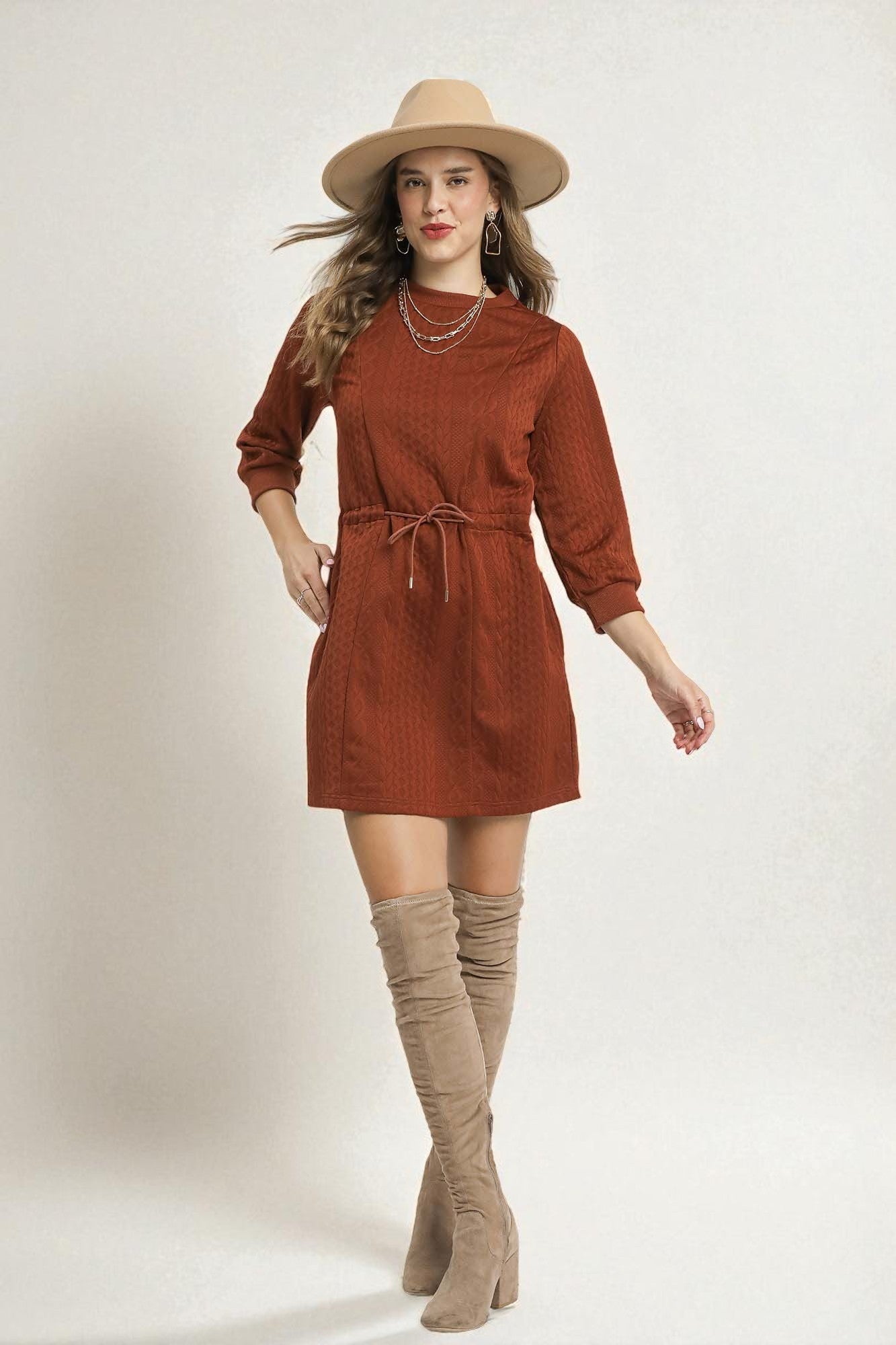 Cinnamon Textured Drawstring Mini Dress