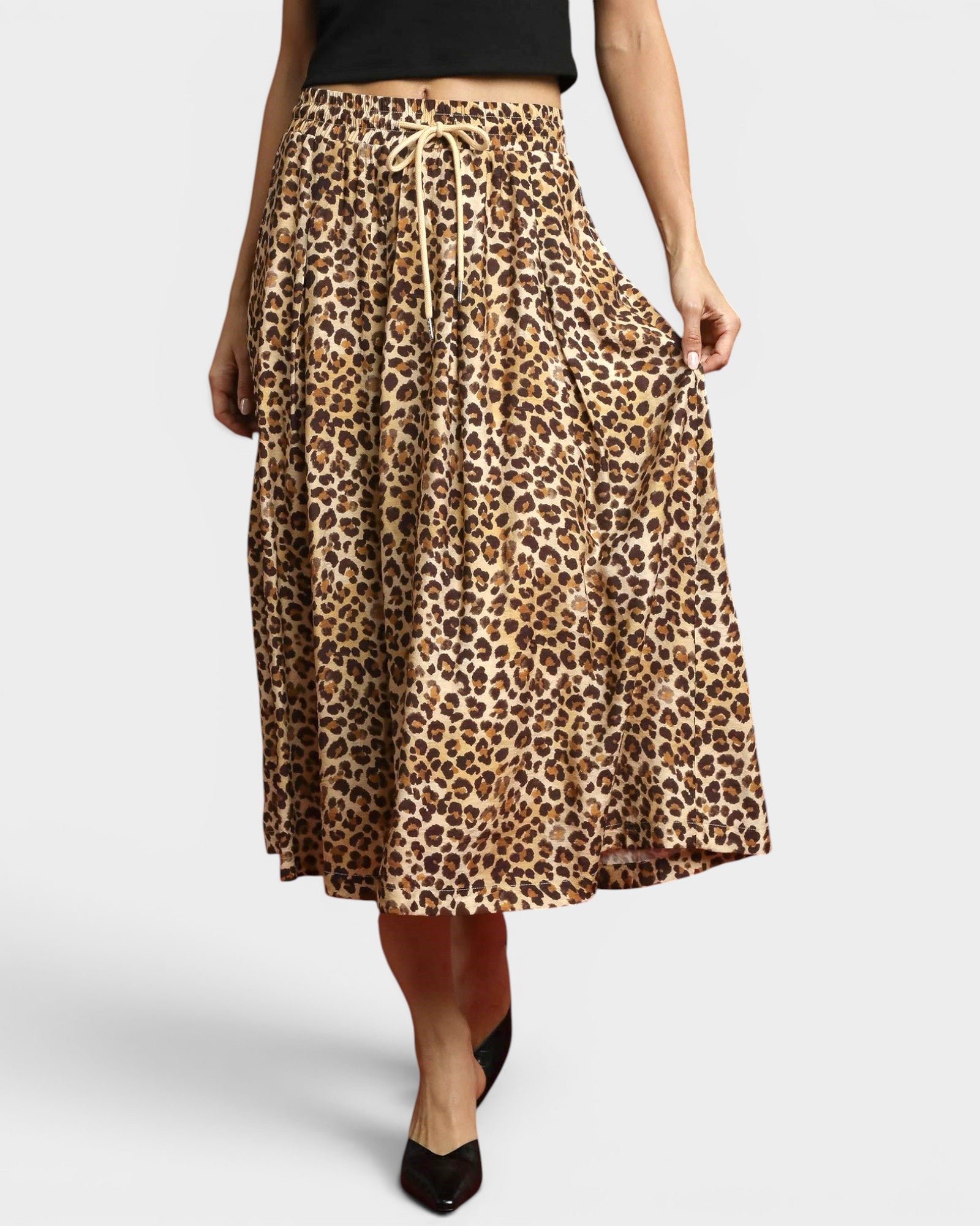 Tan Leopard Drawstring Midi Skirt