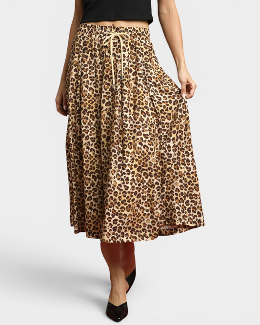 Tan Leopard Drawstring Midi Skirt