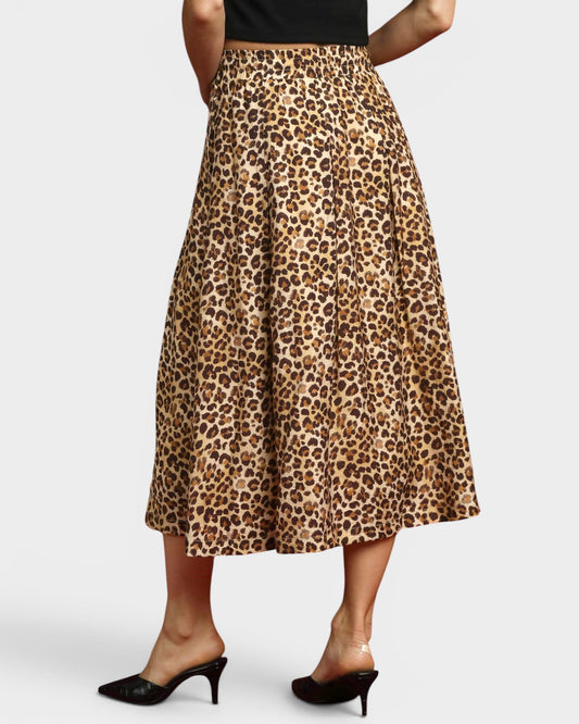 Tan Leopard Drawstring Midi Skirt