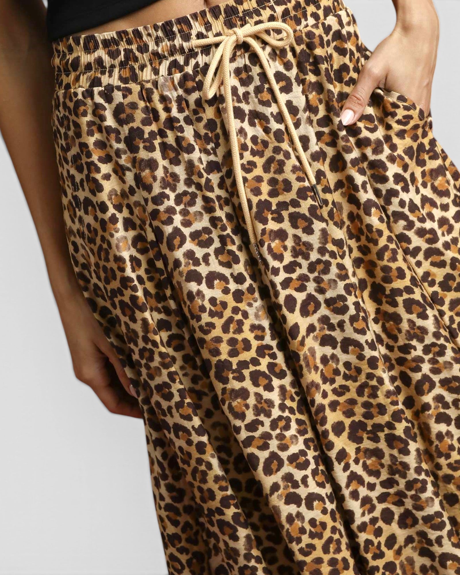 Tan Leopard Drawstring Midi Skirt