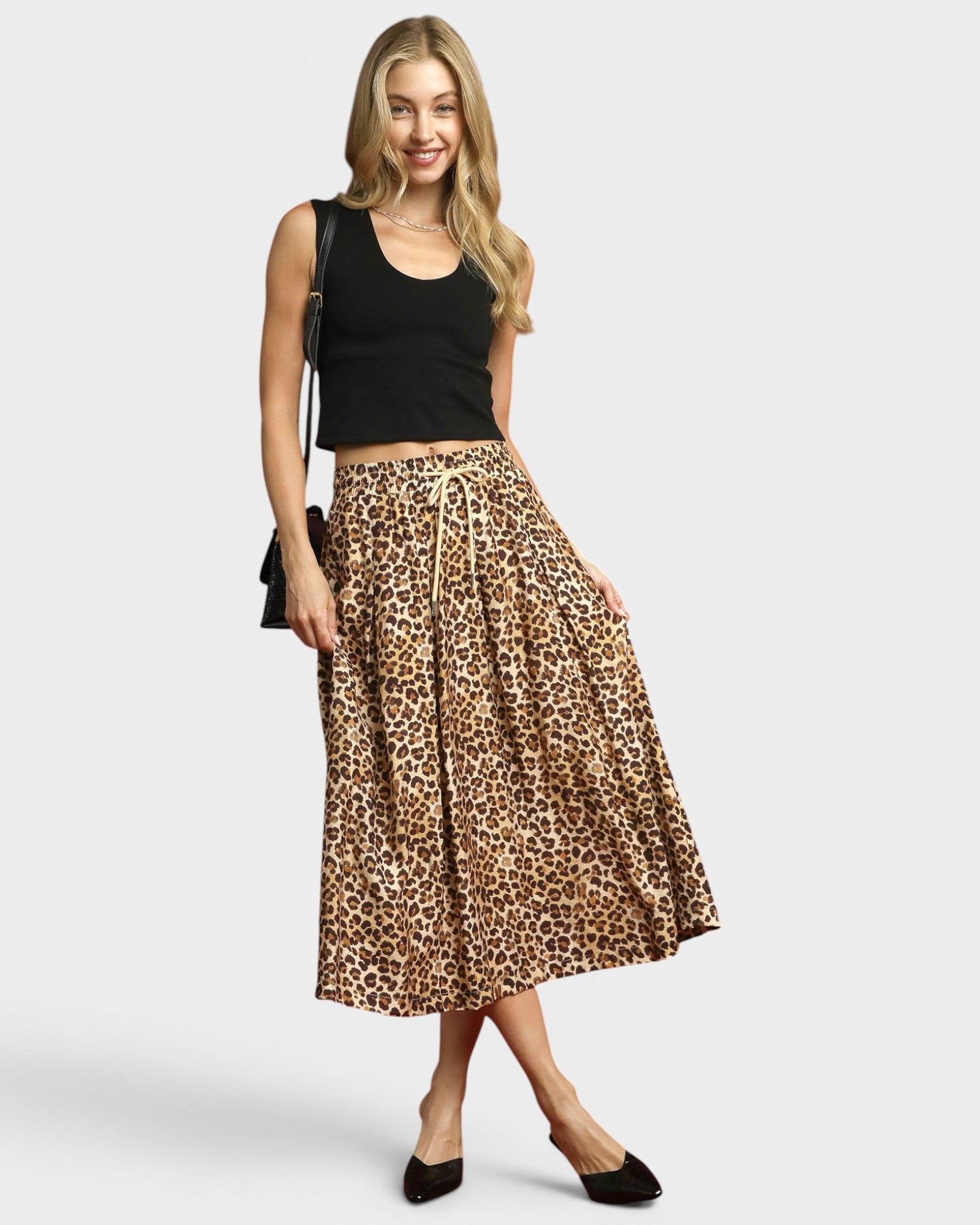 Tan Leopard Drawstring Midi Skirt