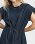 Navy blue dress with a tie waist on a plain background