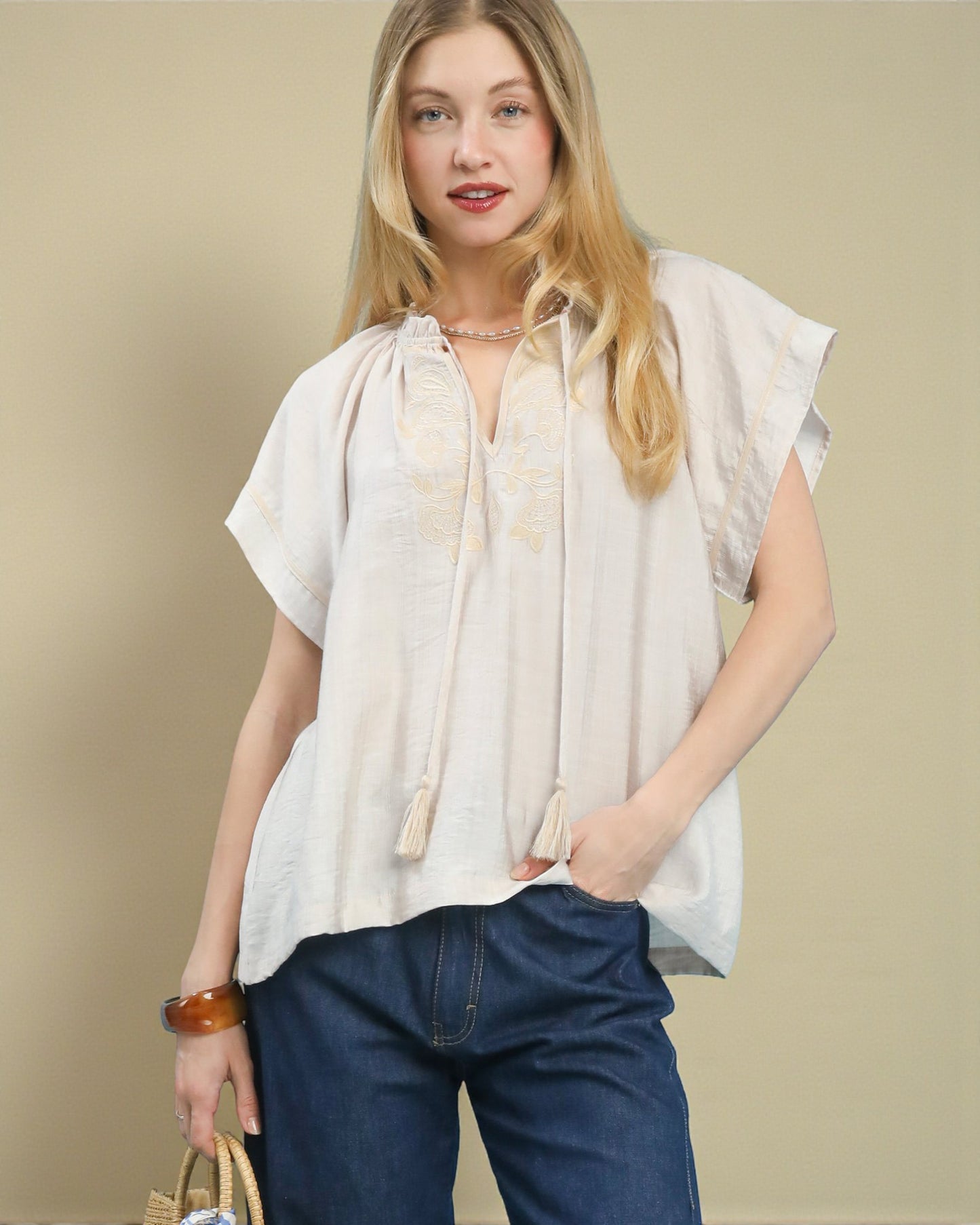 Ivory Embroidered Tassel Tie Blouse