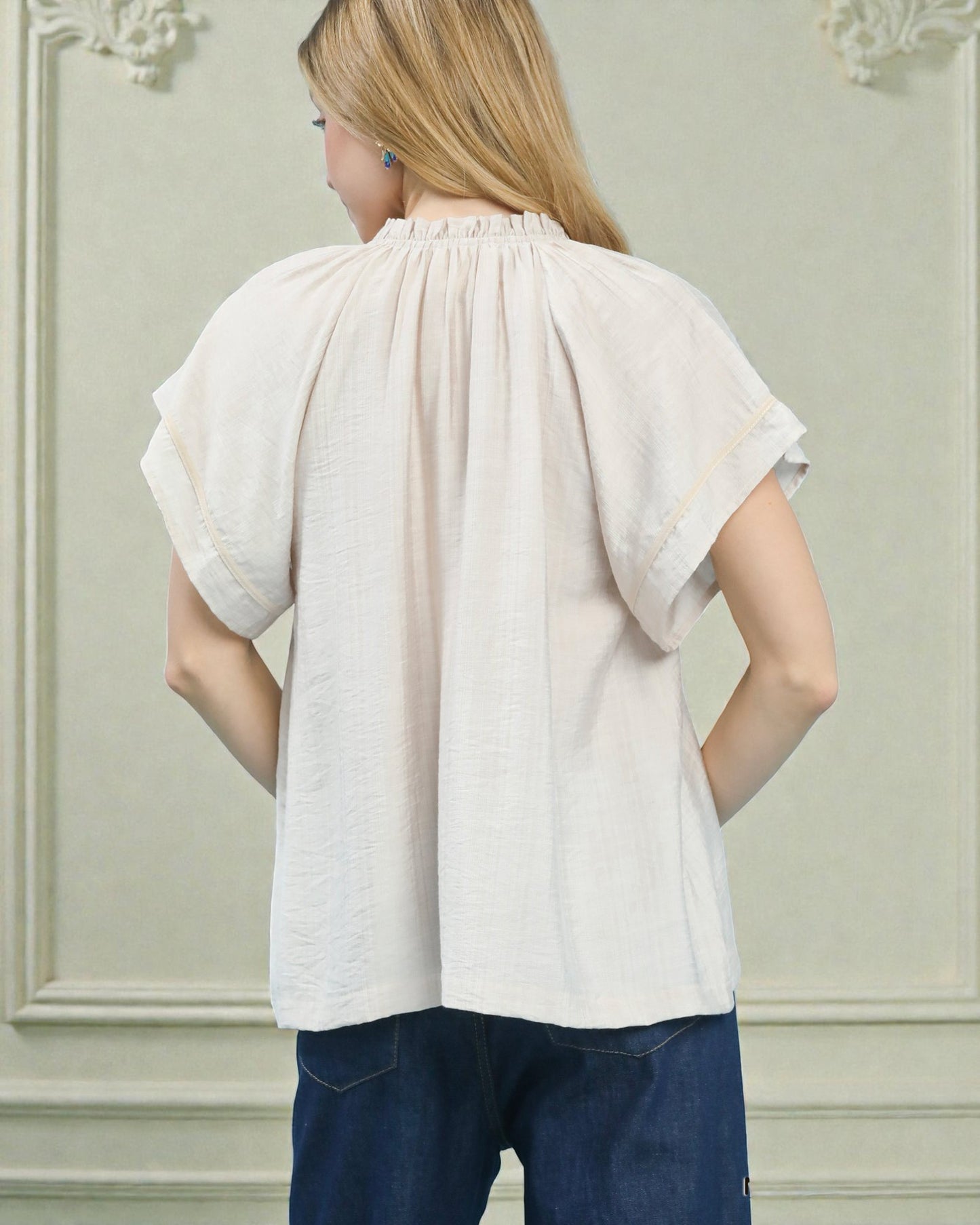 Ivory Embroidered Tassel Tie Blouse