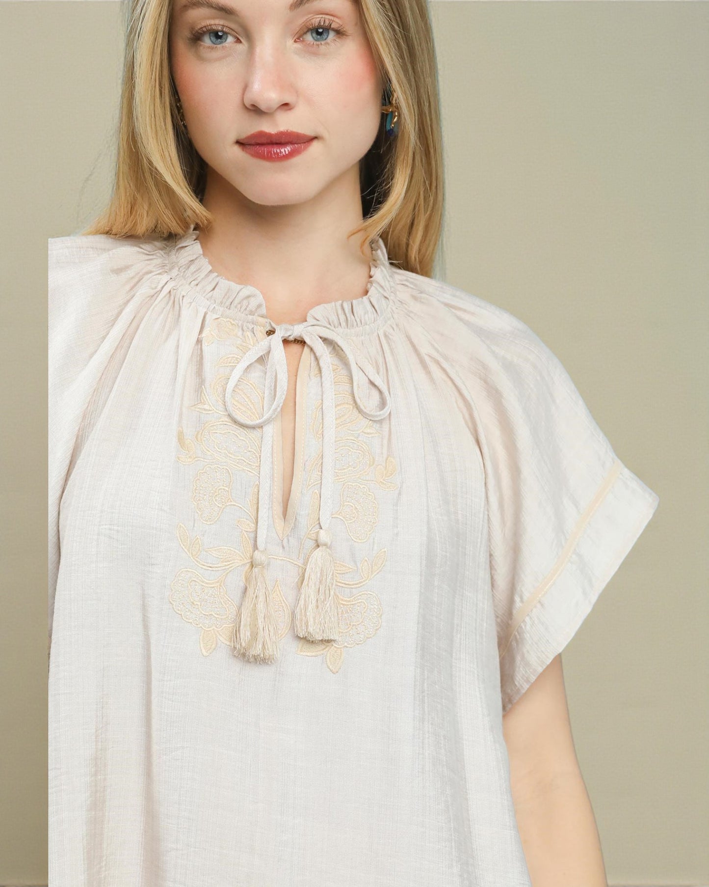 Ivory Embroidered Tassel Tie Blouse