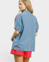 Woman wearing a blue denim top over pink shorts on a white background