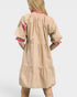 Beige dress with pink accents on a white background