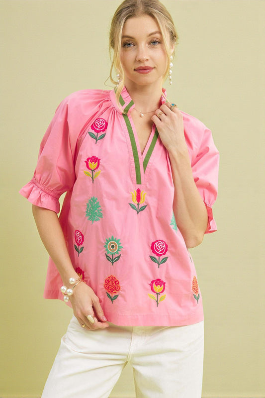 Bubblegum Multicolor Floral Embroidered Boho Blouse