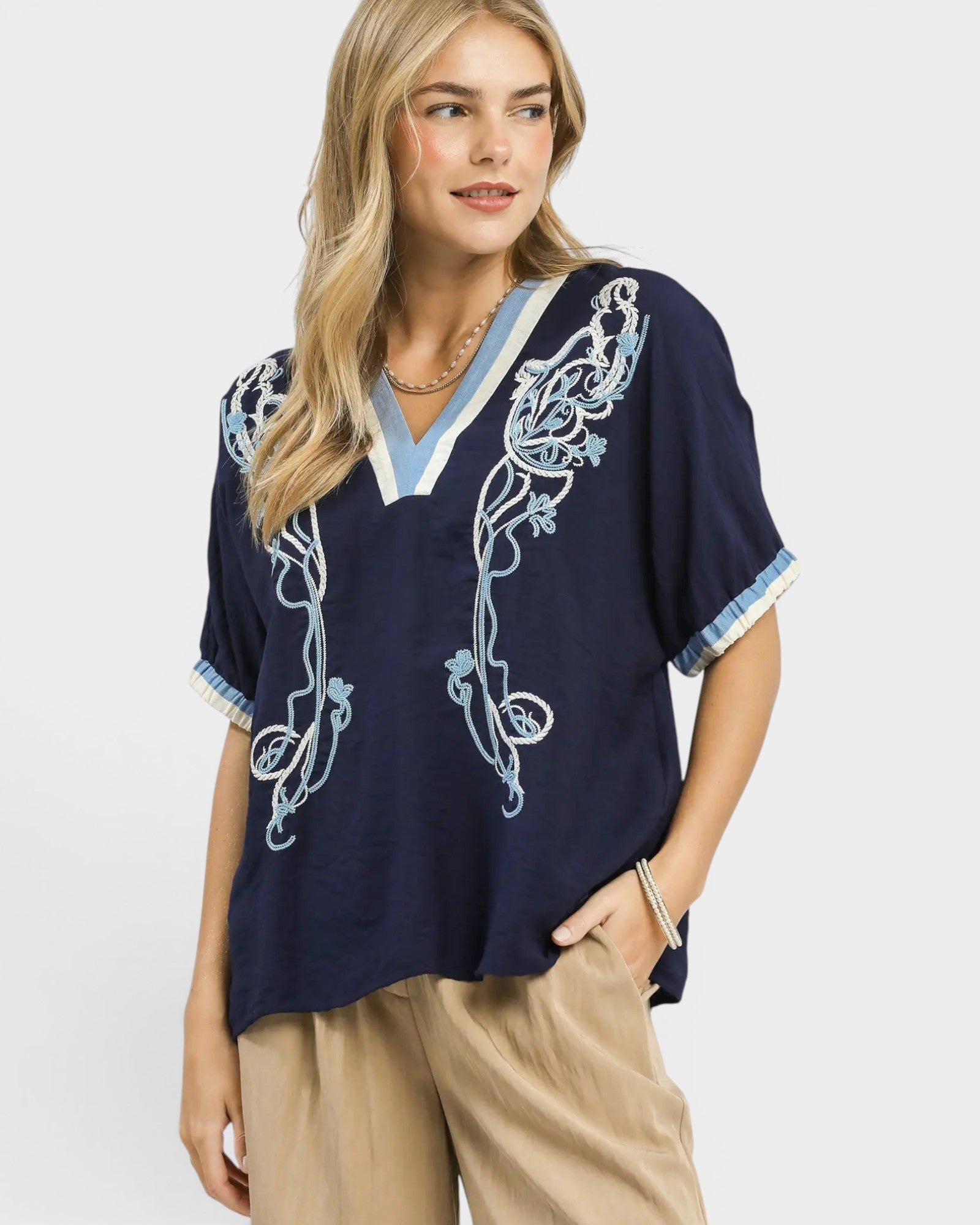 Navy Embroidered V-Neck Blouse