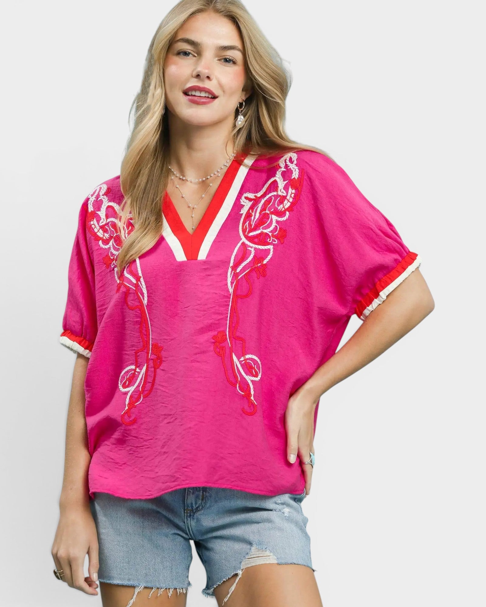Hot Pink Embroidered V-Neck Blouse