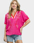 Hot Pink Embroidered V-Neck Blouse