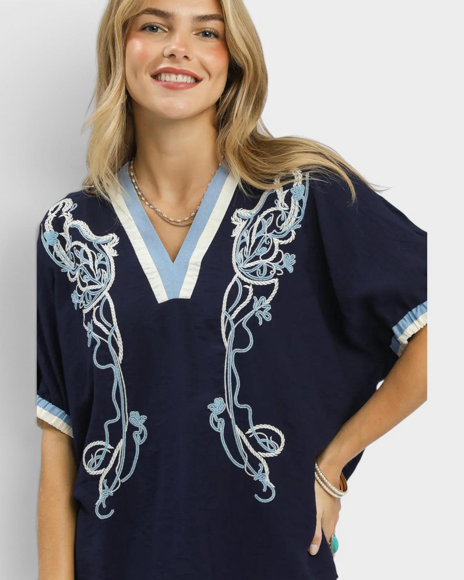 Navy Embroidered V-Neck Blouse