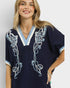 Navy Embroidered V-Neck Blouse