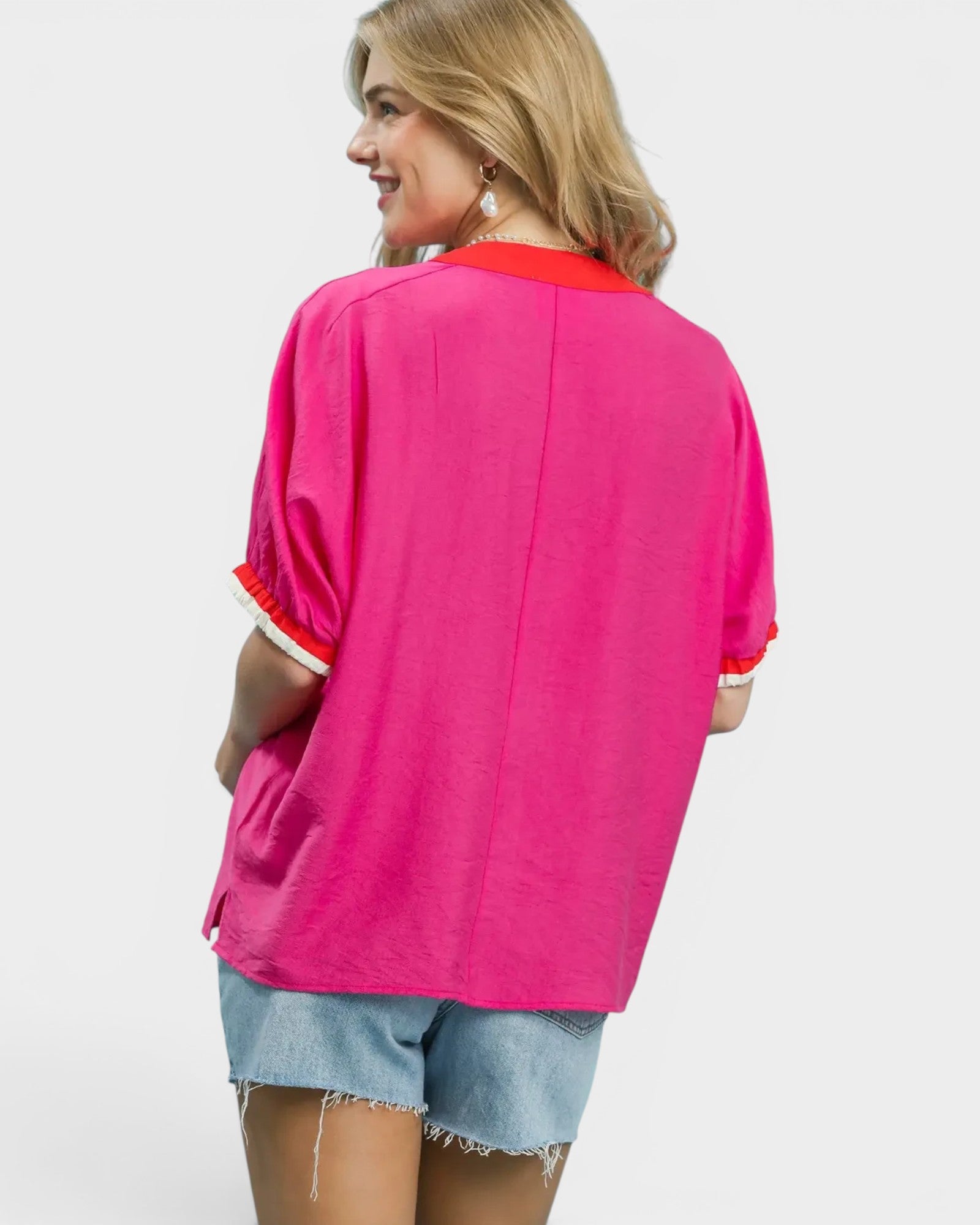 Hot Pink Embroidered V-Neck Blouse