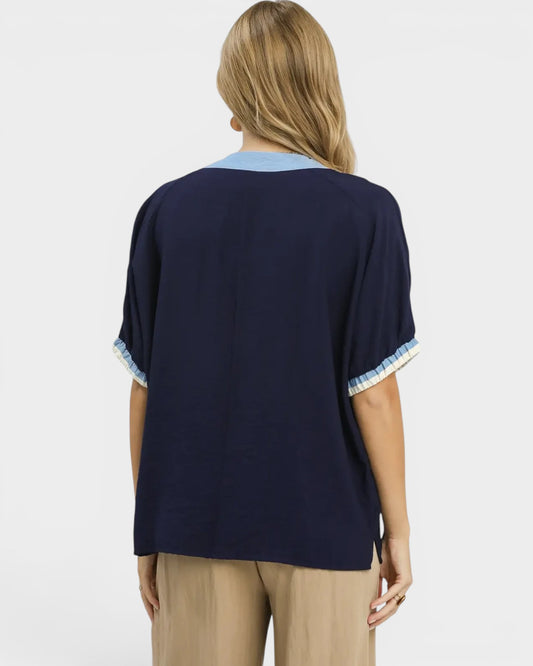 Navy Embroidered V-Neck Blouse