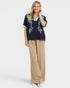Navy Embroidered V-Neck Blouse