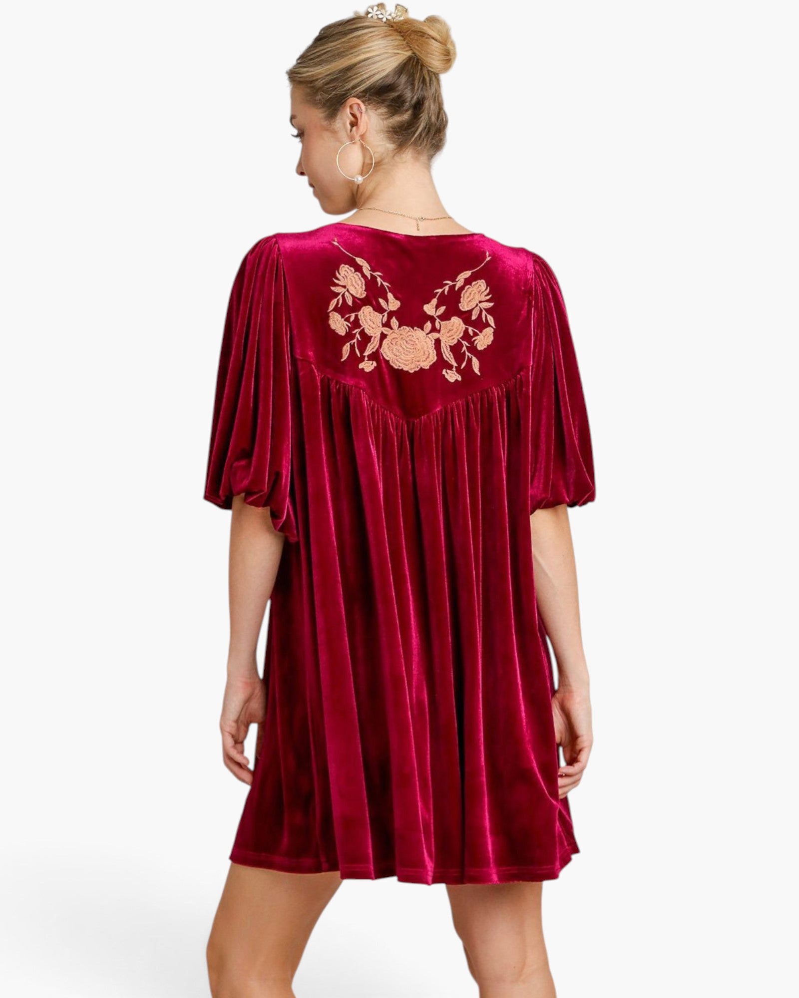 Burgundy Embroidered Velvet Babydoll Dress