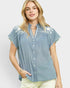 Woman wearing a blue checkered blouse with white embroidery on a light gray background