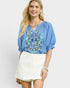 Woman wearing a blue embroidered blouse and white skirt on a light gray background