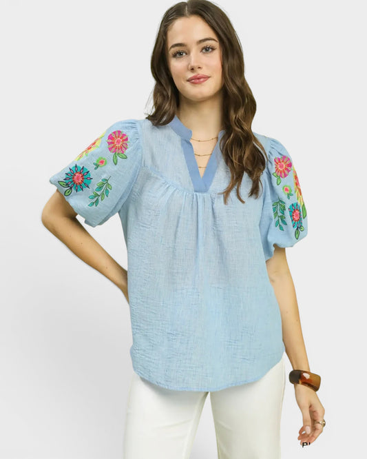 Woman wearing a light blue blouse with floral embroidery on sleeves against a white background