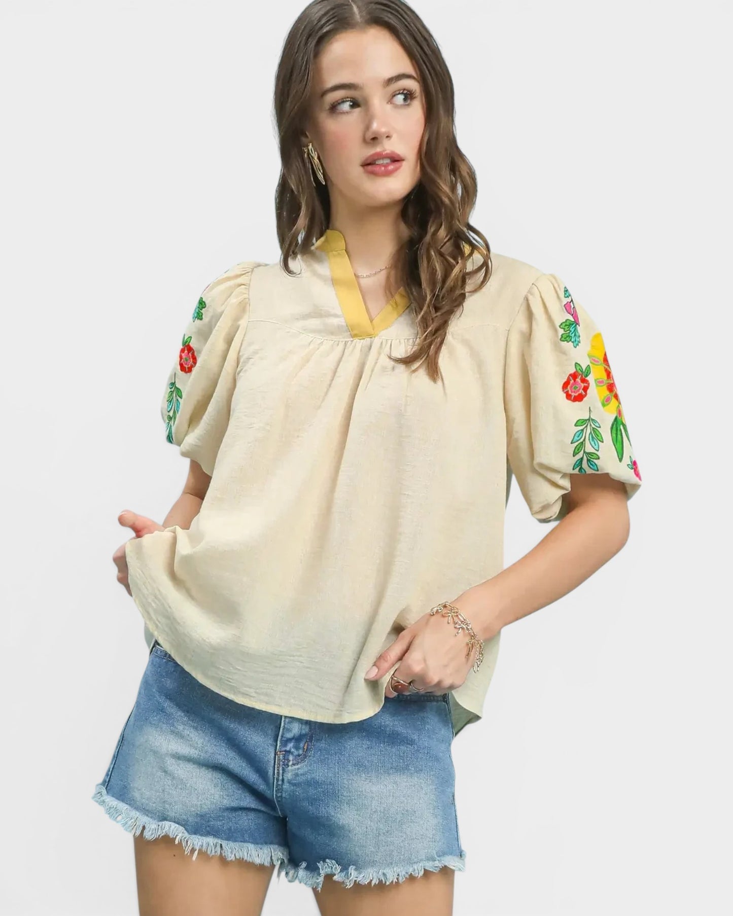 Oatmeal Embroidered Puff Sleeve Blouse