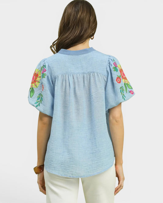 Light blue blouse with floral embroidery on sleeves worn by a person on a white background