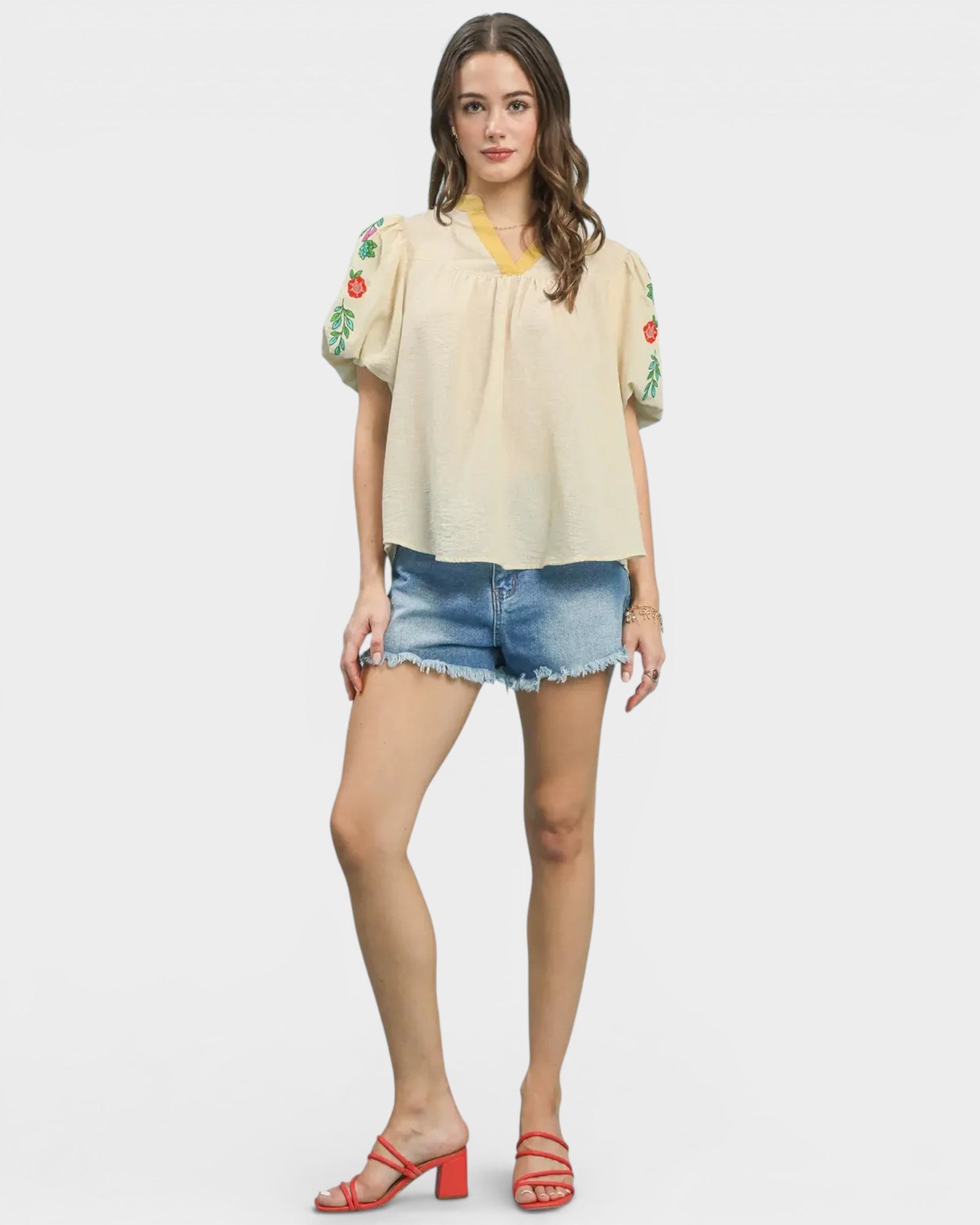 Oatmeal Embroidered Puff Sleeve Blouse