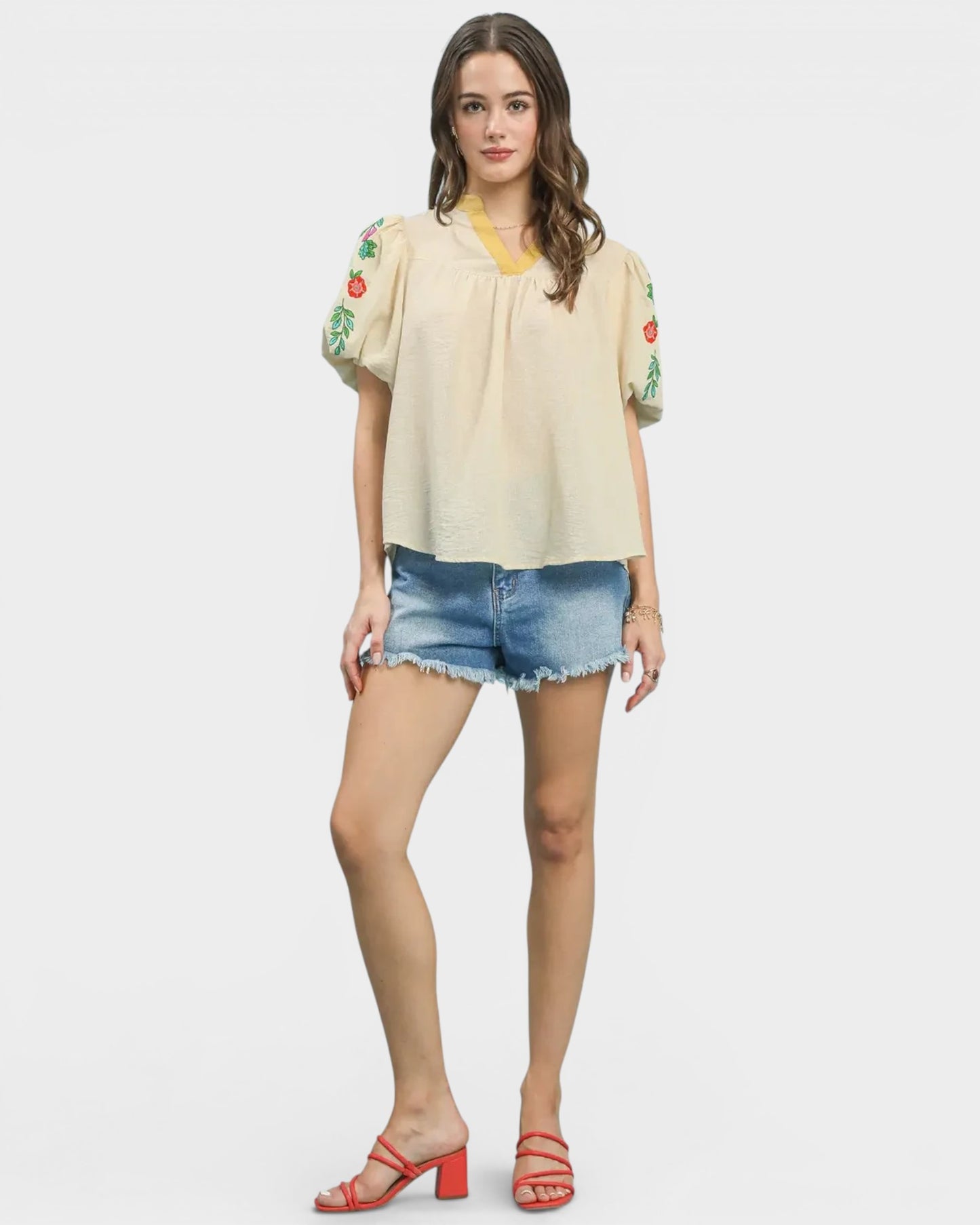 Oatmeal Embroidered Puff Sleeve Blouse